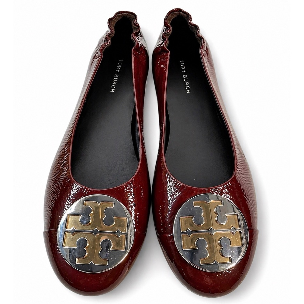 Tory Burch Reva Ballet Flats Womens 7.5 Burgundy Patent Leather Good Medallion